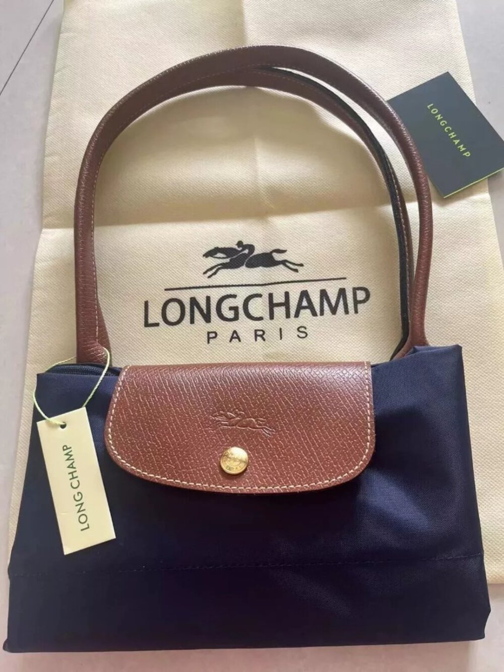 Longchamp Navy Blue Nylon Tote with Brown Leather Trim - Picture 6 of 10